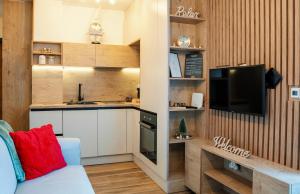 a kitchen with a couch and a tv in a room at Sky Lux Cozy Nest in Jahorina