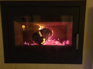 un forno di mattoni con un fuoco dentro di Fjordvejen Apartments a Gråsten