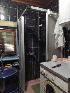 a bathroom with a shower and a sink and a washing machine at Apartman Buco in Livno