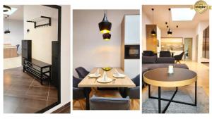 three different views of a living room and a dining room at Mezonet Jarková in Prešov