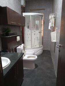a bathroom with a shower and a toilet and a sink at Andweruth Residences in Abuja