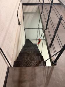 a staircase with a glass wall and a red flower on it at Departamento Loft Costanera in Gualeguaychú
