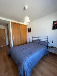 een slaapkamer met een bed met een blauw dekbed bij Alojamento Local Pando in Aveleda