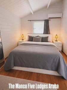 ein Schlafzimmer mit einem großen Bett und einem Fenster in der Unterkunft Manco Five Lodges Aruba in Aruba
