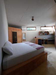 een slaapkamer met een groot bed en een bureau bij Casa kuxtal in Zipolite