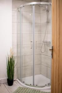 eine Dusche mit Glastür im Badezimmer in der Unterkunft Cozy home in Kings Lynn