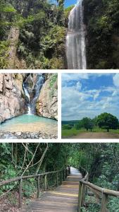 trois photos différentes d'une cascade et d'un pont dans l'établissement Casa das Cachoeiras, à Botucatu