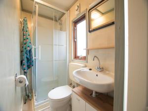un bagno con lavandino, WC e doccia di Stay with Beach and Minigolf Views a Overbroek