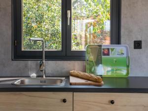 eine Küchentheke mit einer Spüle und einem Schneidebrett in der Unterkunft Luxury Forest Lodge with Private Garden in Overbroek + 4 Fotos