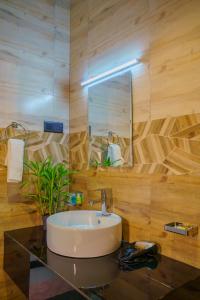 une salle de bains avec un lavabo et un miroir dans l'établissement Elegant Home Stay, à Ella