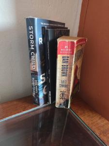 three books sitting on top of a shelf at Loft Rayito de Sol, Zihuatanejo Center with AC in Zihuatanejo