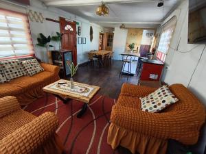 a living room with two couches and a table at Kramm House Aldea 47 in Coihaique