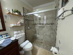 een badkamer met douche en toilet bij Sunshine Nest in Lehigh Acres +35 foto's
