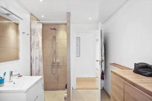 een badkamer met een douche en een wastafel bij 2315-Stege-Kongens-Enge-15 in Stege +16 foto's