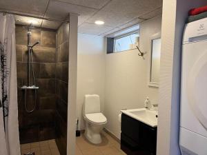 een badkamer met een douche, een toilet en een wastafel bij 4231-Stege-Nymarksvej-21 in Stege +19 foto's