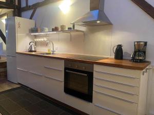 una cucina con piano cottura, lavandino e frigorifero di 4264-Stege-Storegade-64-Baghuset a Stege