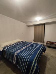 een slaapkamer met een bed met een blauw en wit gestreepte deken bij Posada el Pino  +1 foto