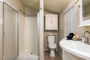 een badkamer met een toilet, een wastafel en een douche bij Riverfront Getaway On Guadalupe River in New Braunfels