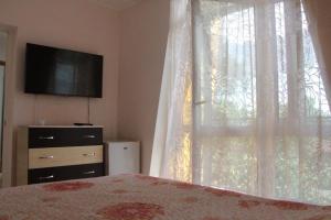 a bedroom with a bed and a television and a window at Guest House Albatros in Cholpon-Ata