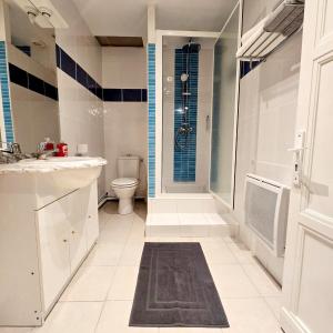 une salle de bains avec toilettes, lavabo et douche dans l'établissement Appartements Miawé, à Tarbes 12 autres photos