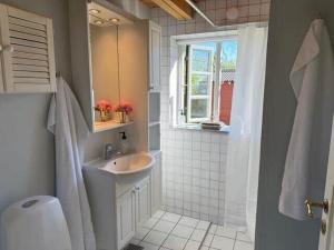 een witte badkamer met een wastafel en een raam bij 6040-Stege-Rytsebaekvej-39 in Stege +35 foto's