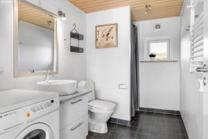 a bathroom with a toilet sink and a washing machine at OH449-Hadsund-Haslevgarde-Eng-49 in Hadsund +18 photos