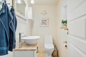een witte badkamer met een wastafel en een toilet bij HA347-Saeby-Bjornborgvej-5 in Sæby +20 foto's