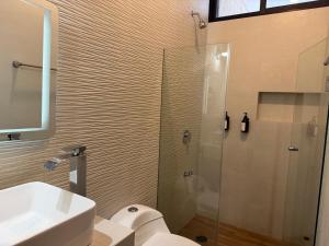ein Badezimmer mit Dusche, Toilette und Waschbecken in der Unterkunft Penca Suites Valladolid in Valladolid + 17 Fotos