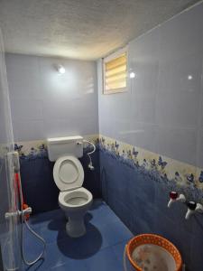 a blue bathroom with a toilet and a shower at STM StayInn in Nāttarasankottai