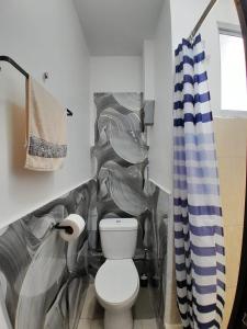 a bathroom with a toilet and a shower curtain at Suite cerca de la UTPL y Centro Histórico in Loja