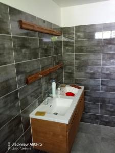 een badkamer met een witte wastafel en grijze tegels bij kaz a gabou in Sainte-Rose