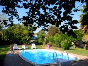 einen Pool in einem Garten mit Stühlen und einem Baum in der Unterkunft Maison de charme in Vayres