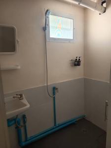 un bagno con doccia, lavandino e finestra di Doctor Thanut Hostel a Ubon Ratchathani