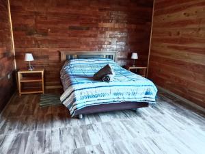 蒙特港Cabin with Jacuzzi的木质墙壁和木地板客房的一张床位