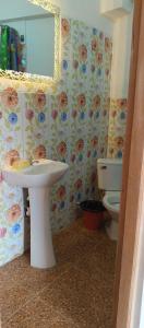 een badkamer met een wastafel en een toilet bij Jardín Andino Hostal in Copacabana