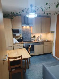 una cucina con tavolo in legno, sedie e luce di ALPINE VILLAGE APARTMENT with a private terrace, garden, and parking - at a walking distance from LAKE BLED a Bohinjska Bela