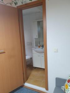 un bagno con un water e un lavandino di ALPINE VILLAGE APARTMENT with a private terrace, garden, and parking - at a walking distance from LAKE BLED a Bohinjska Bela Altre 26 foto