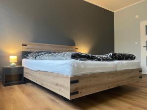 Giường trong phòng chung tại Private Riverside Apartment Brno