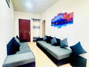 a living room with two couches and a painting on the wall at Villa Arcadia in Tangalle