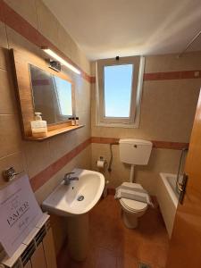 une petite salle de bain avec un lavabo et des toilettes dans l'établissement Eva's Apartments, à Karlovasi