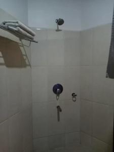 ein weißes Bad mit einer Dusche mit einem Wasserhahn in der Unterkunft Shillong City Hotel in Shillong