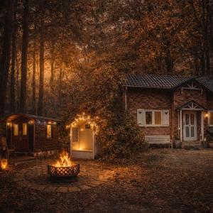 eine Blockhütte im Wald in der Nacht in der Unterkunft SMART Home mitten im Wald in Neustadt am Rübenberge