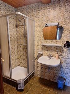een badkamer met een douche en een wastafel bij Haus Sprenger in Häselgehr +26 foto's