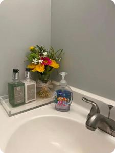 奥尔巴尼Pamoyo Place的浴室水槽,配有一瓶肥皂和鲜花