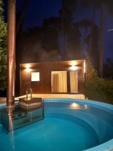 ein Swimmingpool vor einem Haus bei Nacht in der Unterkunft Kulautuva Park Apartments in Kulautuva + 61 Fotos