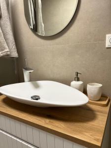 ein Badezimmer mit einem weißen Waschbecken und einem Spiegel in der Unterkunft Kulautuva Park Apartments in Kulautuva