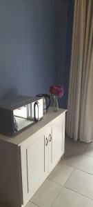 een tv op een standaard met een vaas bloemen erop bij Rondebosch Gardens in Humansdorp