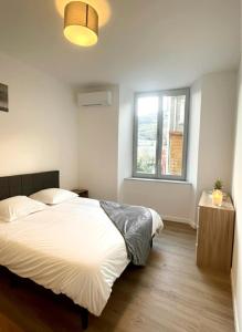 een slaapkamer met een wit bed en een raam bij Appartement Du Lot in Entraygues-sur-Truyère