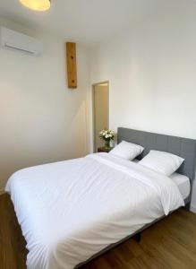 een groot wit bed met 2 kussens in een slaapkamer bij Appartement Du Lot in Entraygues-sur-Truyère