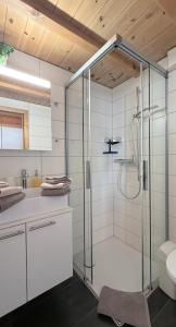 a bathroom with a glass shower and a sink at Bergquelle 1.OG Ost in Bettmeralp